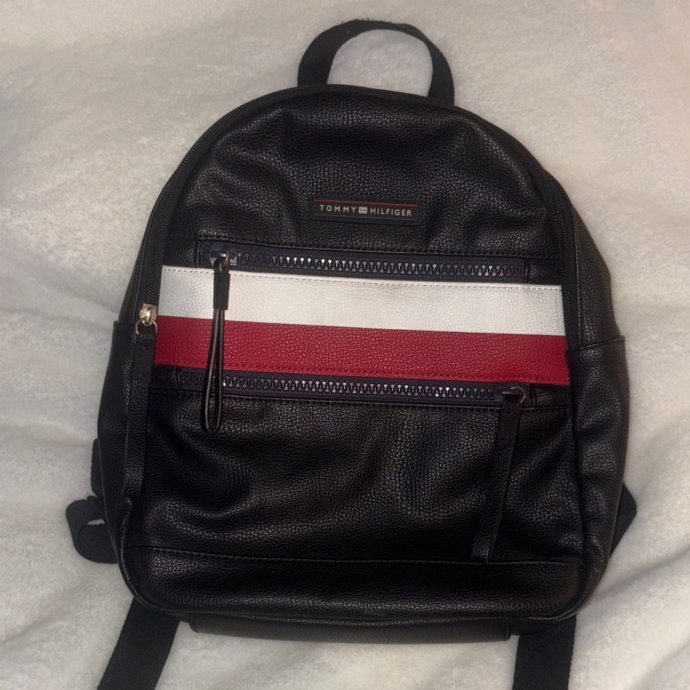 Tommy Hilfiger Black Backpack with Red and White Stripe